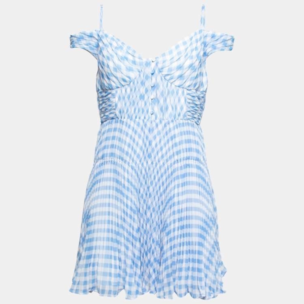 Self-Portrait Blue Gingham Crepe Off-Shoulder Mini Dress - UK6/US2
